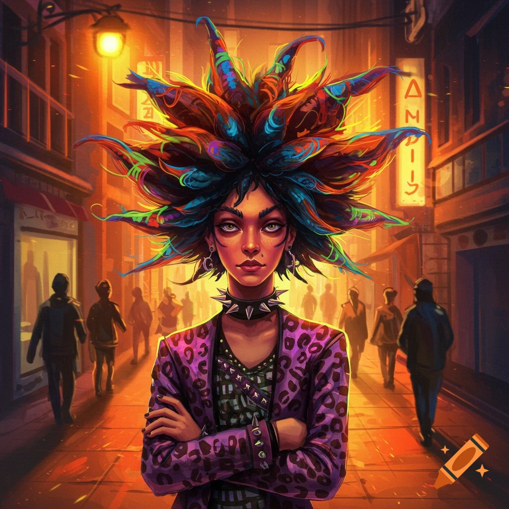 Vibrant digital art of a punk woman with colorful, spiky hair, spiked choker, and leopard print jacket, on a neon-lit street at night.