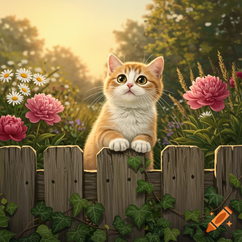 A cute orange and white kitten peeking over a wooden fence in a sunny garden with pink peonies and white daisies.