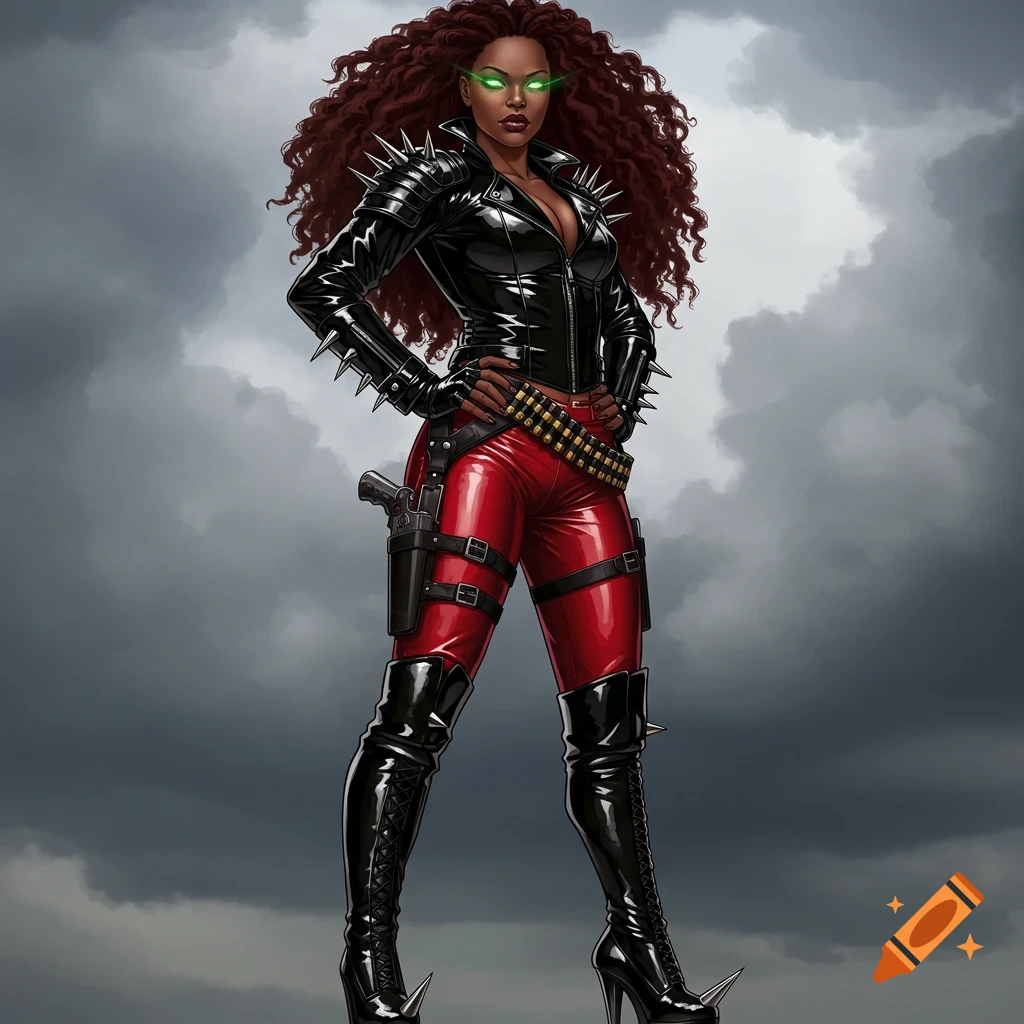 A strong Nigerian lady with long red curly hair and green eyes, wearing a spiked black leather jacket, red patent leather pants, and thigh-high boots, standing against a cloudy sky.