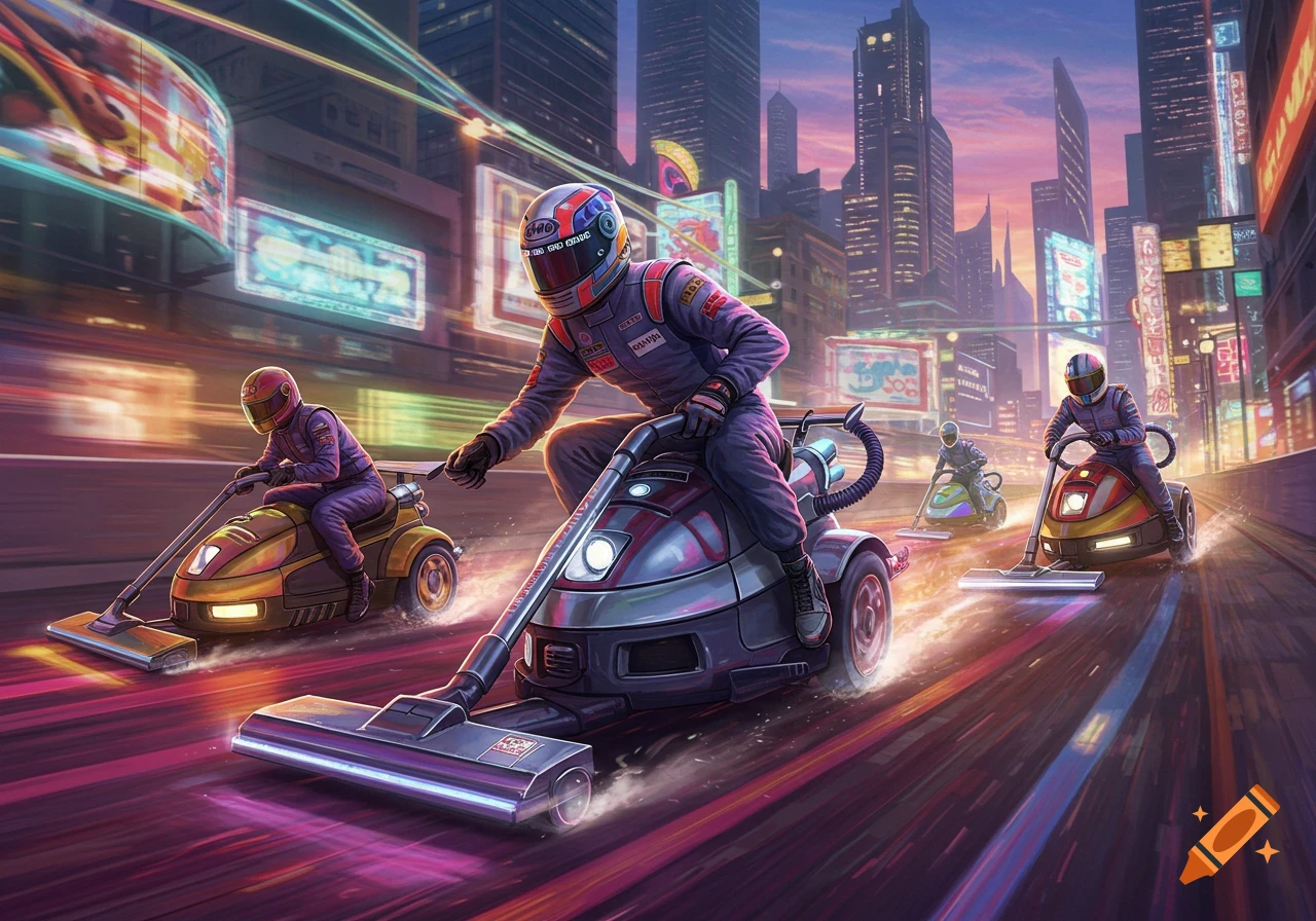 Vibrant art of racers on vacuum cleaners speeding through a neon-lit futuristic city at dusk.