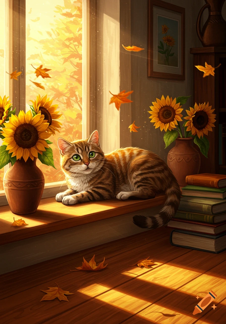 An illustrated tabby cat with green eyes lies on a sunlit windowsill, surrounded by sunflowers, autumn leaves, and stacks of books.