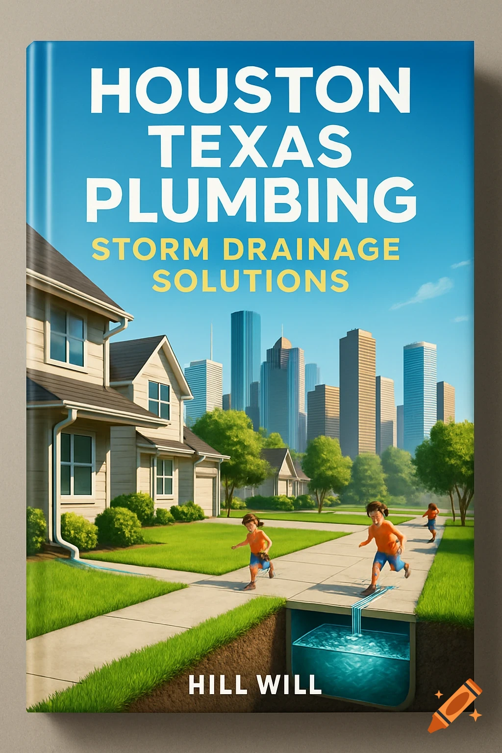 A 3D book cover for "Houston Texas Plumbing: Storm Drainage Solutions" by Hill Will, depicting suburban homes, kids playing, a city skyline, and a storm drain.