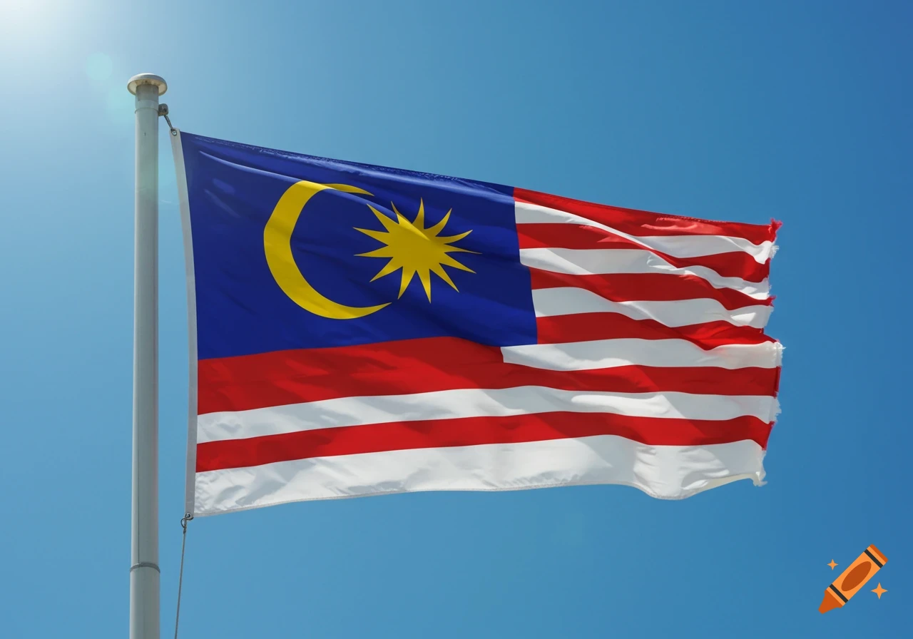 The national flag of Malaysia, featuring a blue canton with a yellow crescent moon and 14-point star, and red and white stripes, waves against a clear blue sky.