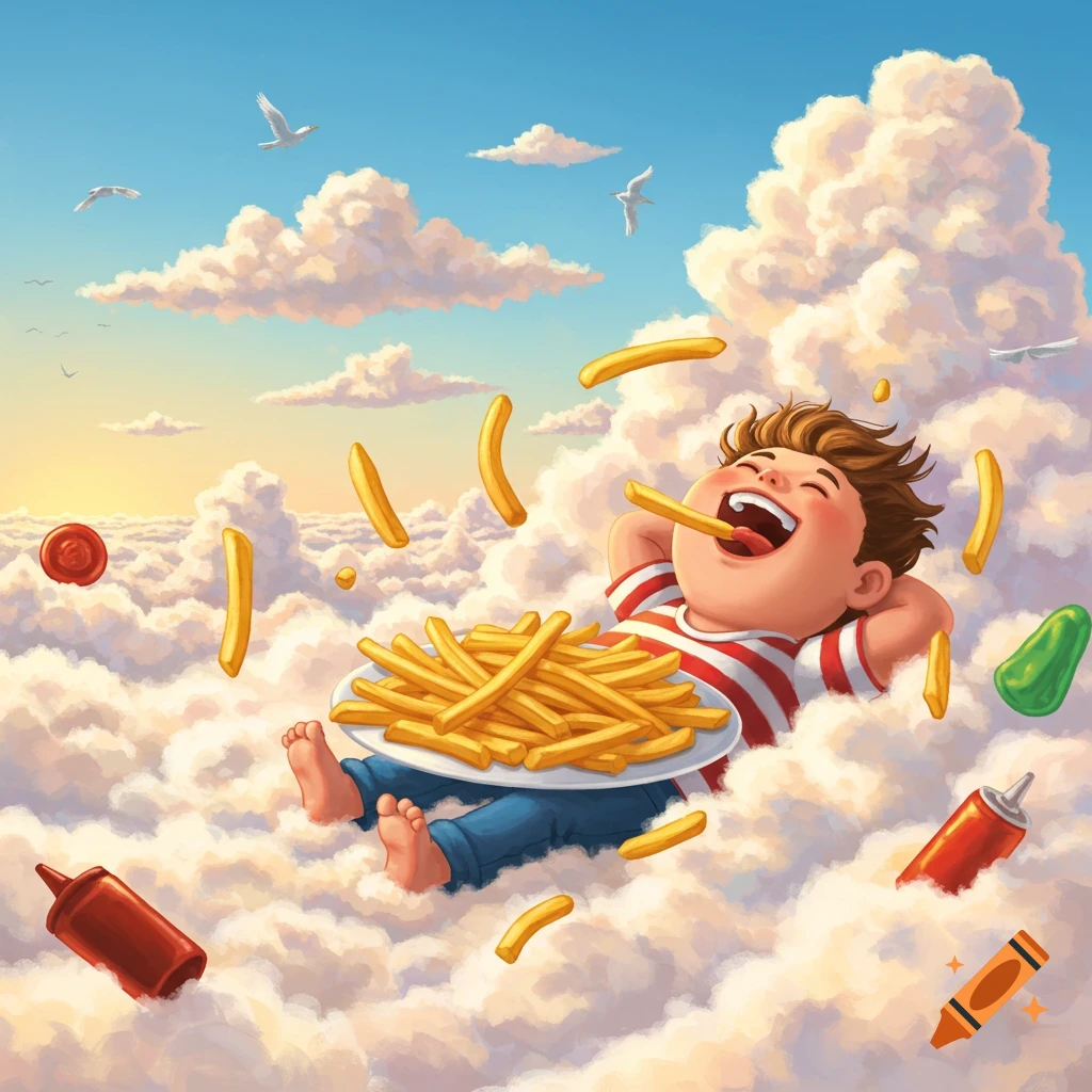 A joyful cartoon child eats french fries while floating on clouds in a blue sky with seagulls and condiments. Whimsical illustration.
