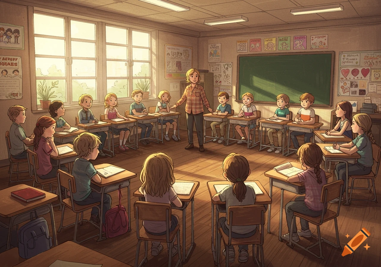 A teacher stands in the middle of a classroom, surrounded by students sitting at desks in a semi-circle, in a hand-drawn style.