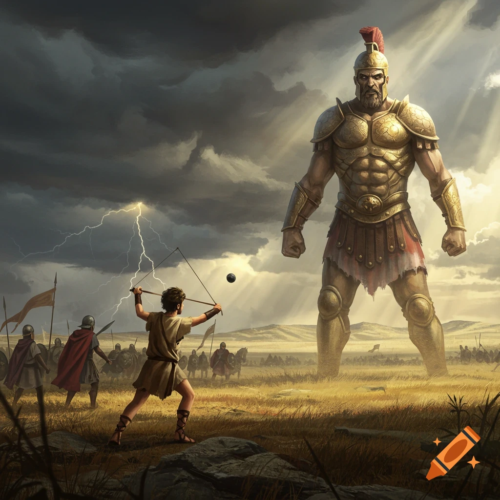 A young man with a sling aims at a towering giant in golden armor on a battlefield under a stormy sky with lightning.