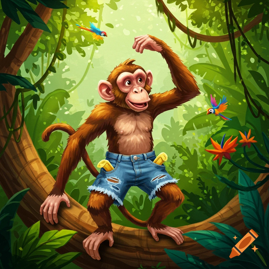 A happy cartoon monkey in blue jean shorts with pockets inside out sits on a jungle tree branch, looking up at two small birds.