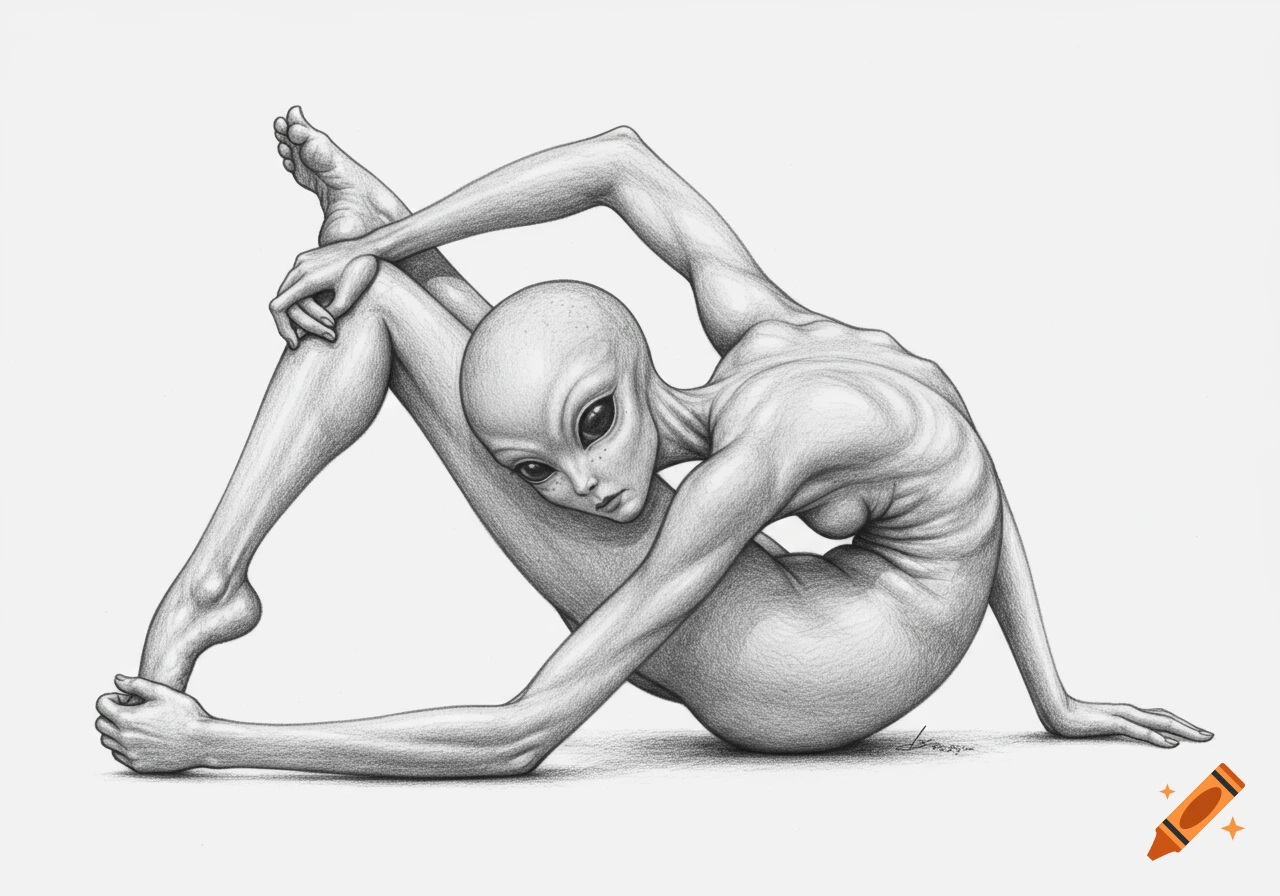 A detailed graphite sketch of a grey alien figure twisted into a contorted, pretzel-like pose, looking forward.