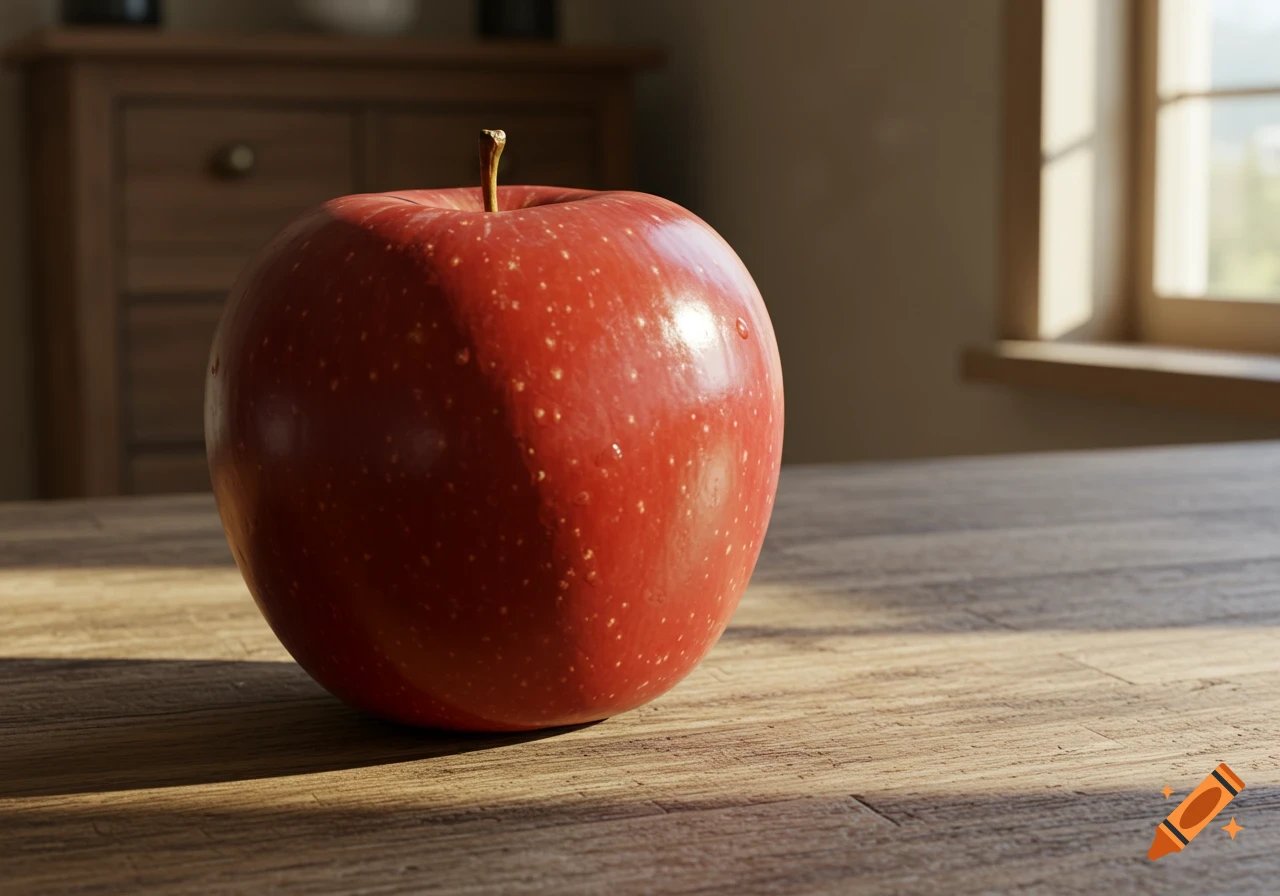 A vibrant red apple rests on a rustic wooden table, illuminated by warm sunlight from a window in the background.