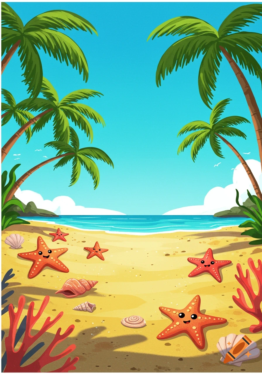 Cartoon illustration of a sunny beach with palm trees, cheerful starfish, and seashells on the sand under a blue sky.