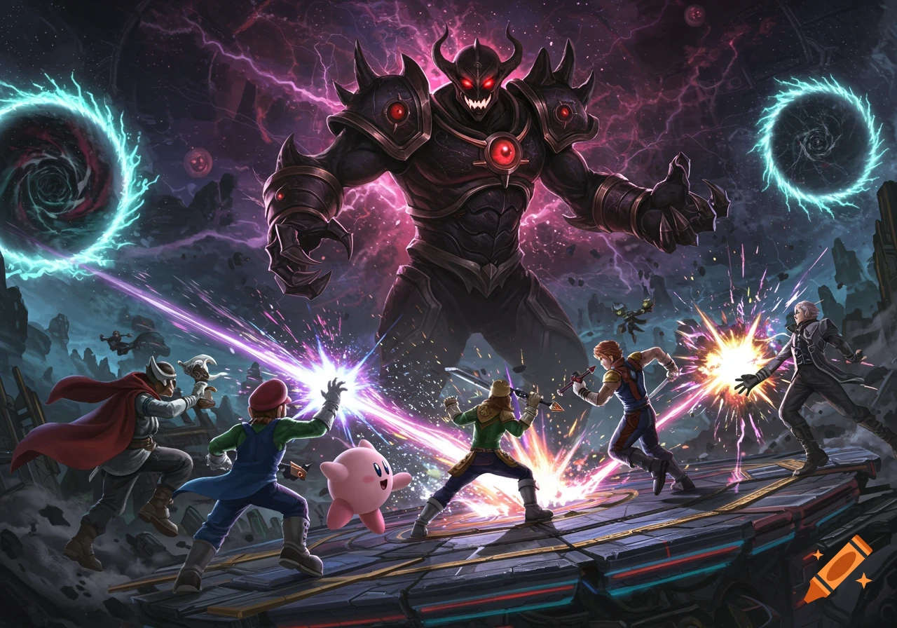 Mario, Kirby, and other characters battle a giant horned demon on a futuristic platform under a stormy, cosmic sky, in a dynamic fantasy illustration.