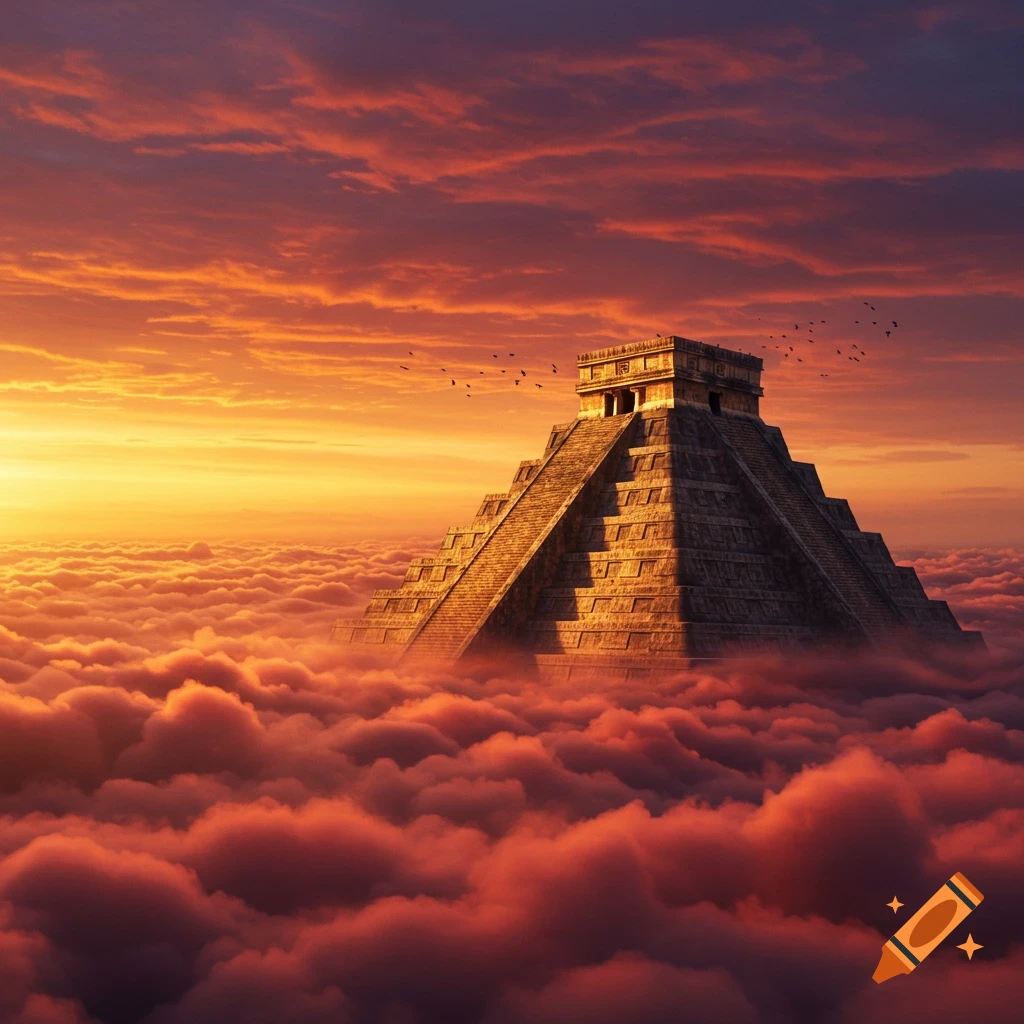 Chichen Itza pyramid stands above a sea of red and orange clouds, illuminated by a vibrant sunset with birds flying.