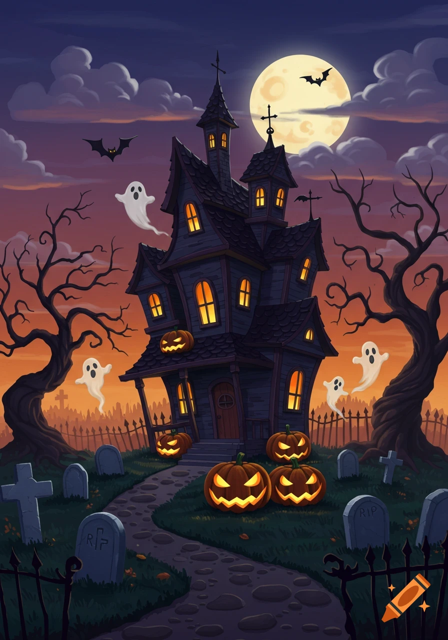 A cartoon Halloween scene with a spooky haunted house, glowing pumpkins, ghosts, bats, and a graveyard under a full moon.
