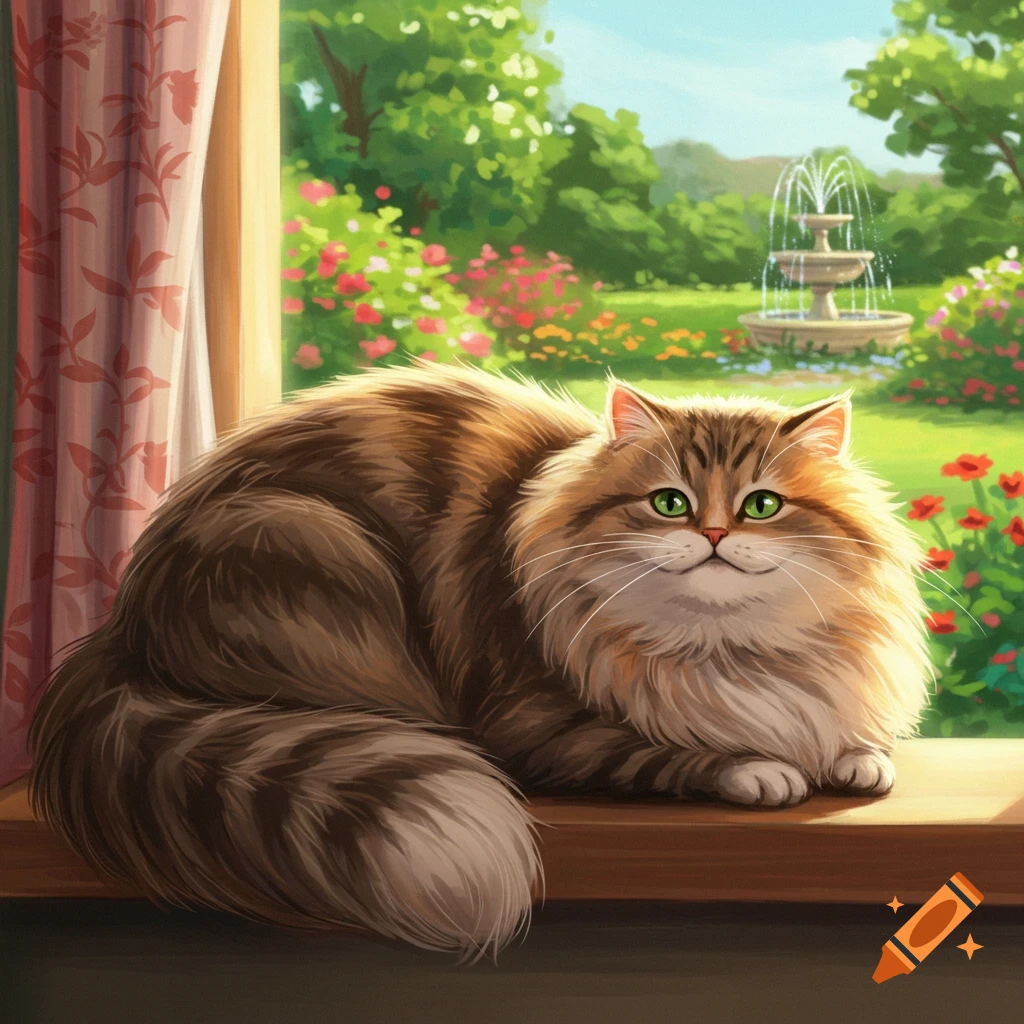 Fluffy brown and white cat with green eyes sits on a windowsill, overlooking a vibrant garden with a fountain, illustration.
