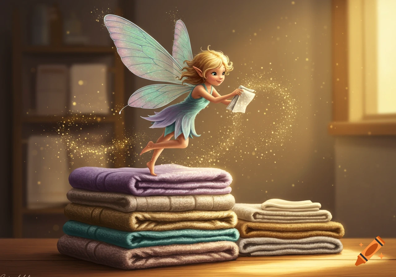 A cute blonde fairy with shimmering wings flies above neatly folded colorful towels, sprinkling golden magic.