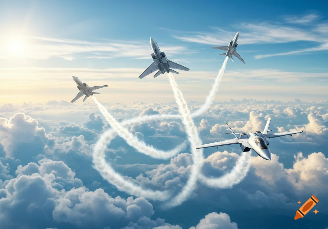 Four military jets fly in formation, leaving white contrails across a blue sky with white clouds during a sunny day.