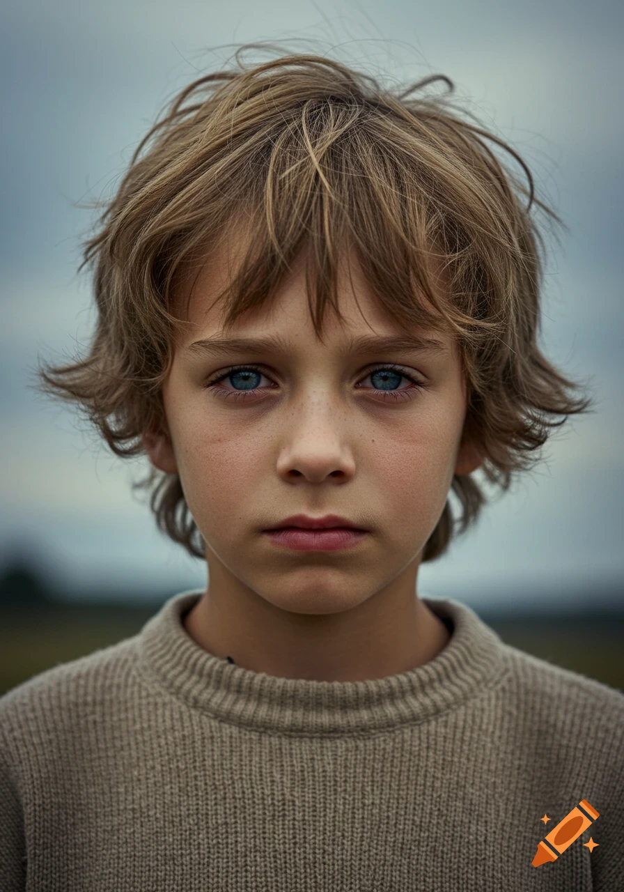 Close-up photorealistic portrait of a young boy with blue eyes and messy brown hair, wearing a knitted sweater.