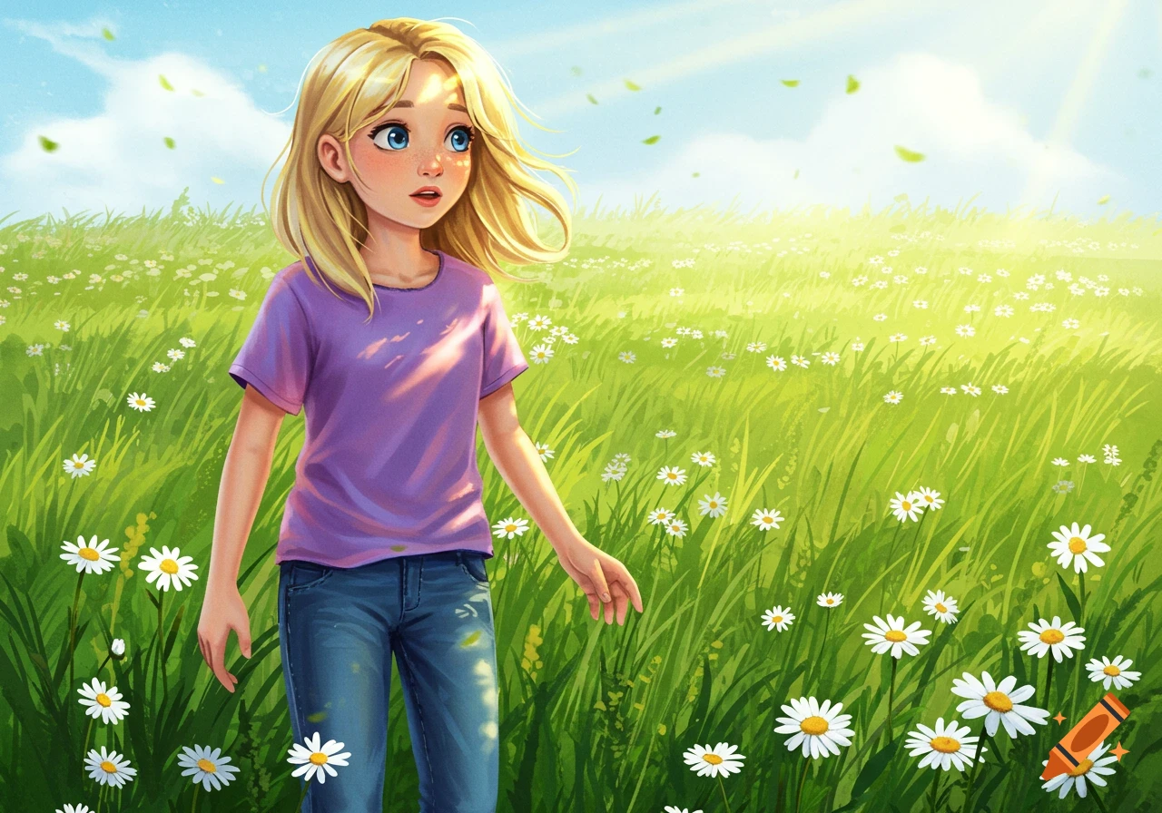 An illustration of a blonde girl in a purple shirt and blue jeans standing in a sunny field of white daisies.