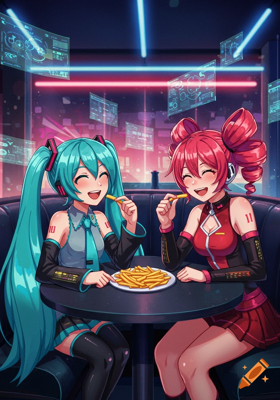 Hatsune Miku and Teto, two anime girls with vibrant hair, happily eat french fries in a futuristic cafe with glowing neon lights and holographic screens.
