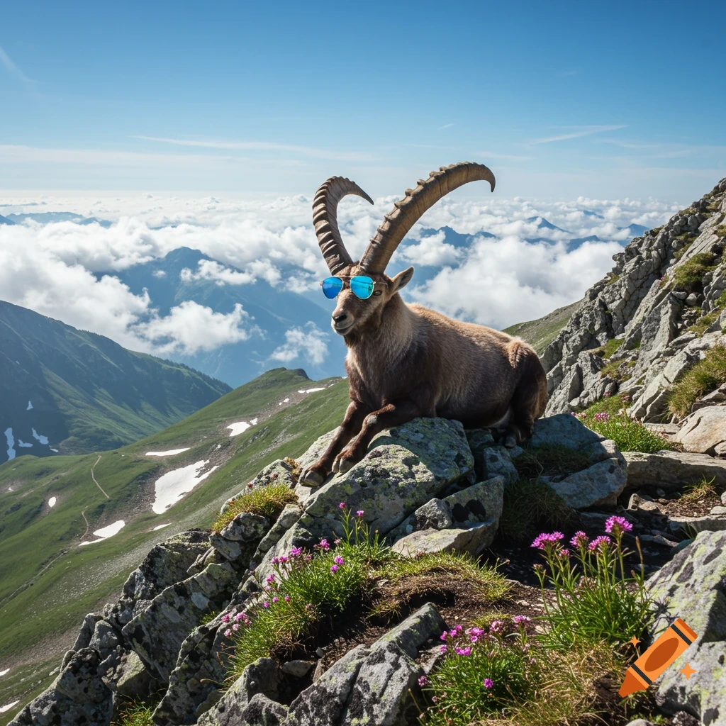 A photorealistic ibex with blue sunglasses lies on a rocky mountain peak, with clouds and green valleys below.