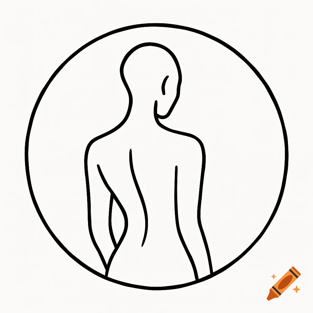 Minimalist black line art silhouette of a human torso from behind, in a circle.
