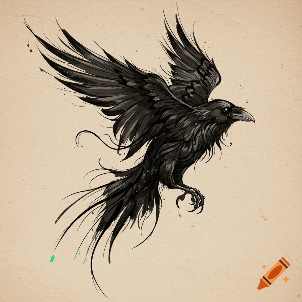 A stylized sketch of a black raven with outstretched wings, detailed feathers, on a light, textured background.