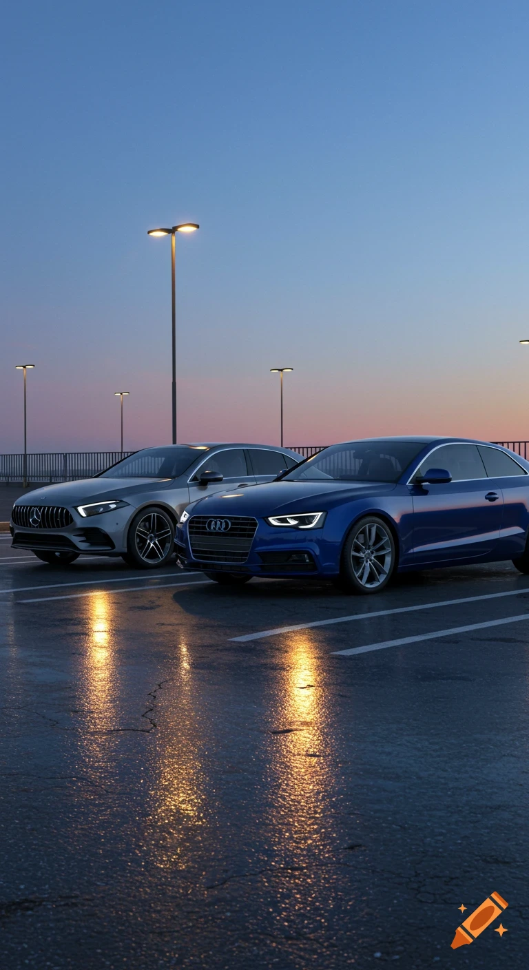 A grey Mercedes and a blue Audi parked on a wet asphalt parking lot at dusk, with streetlights reflecting.