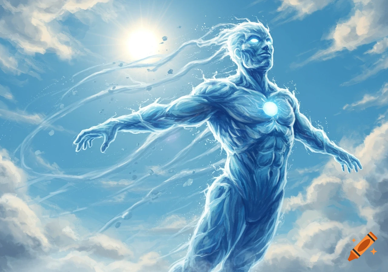 A muscular blue elemental superhero made of water and mist flies against a bright sunny sky with white clouds.