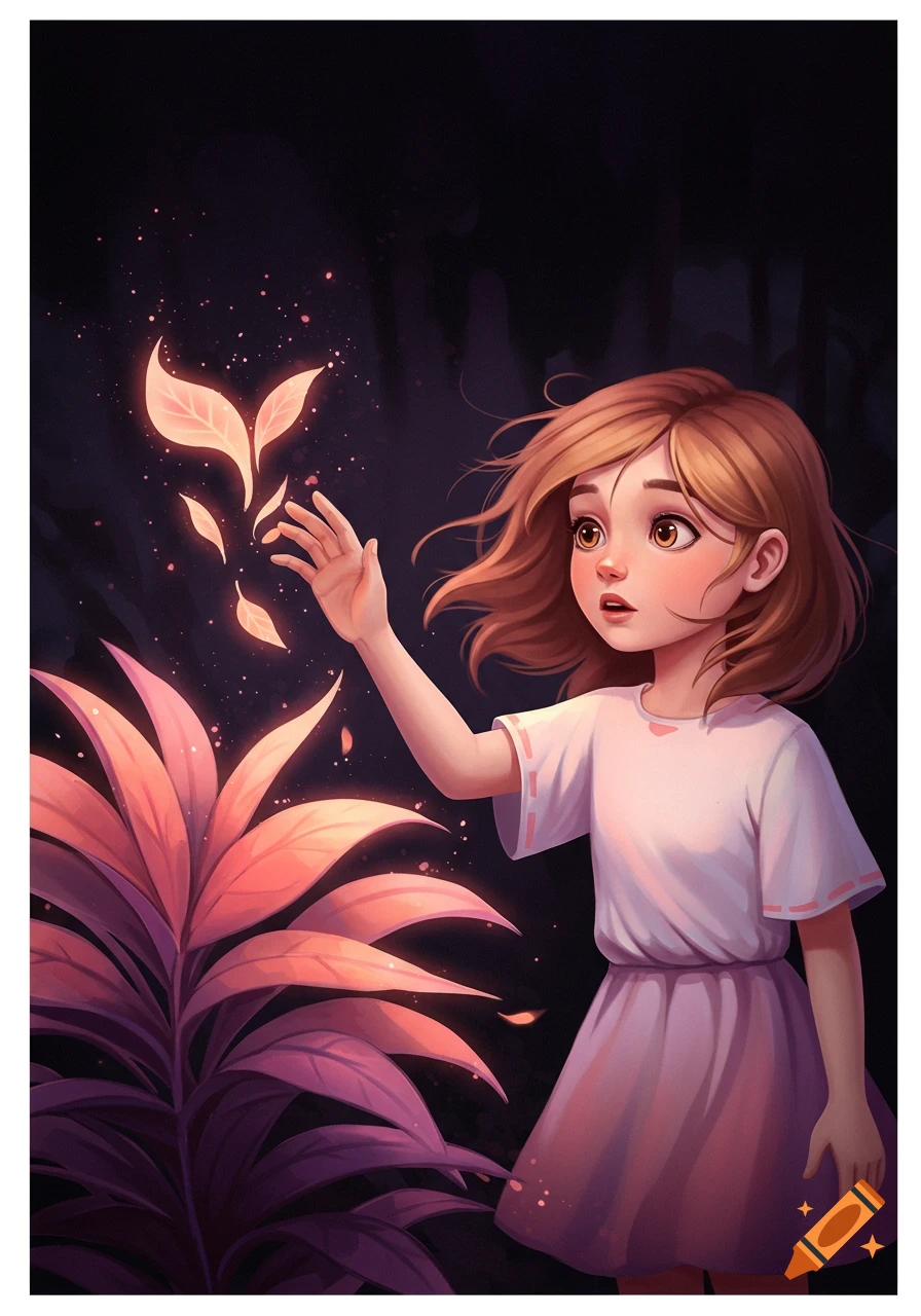 A young girl with brown hair in a white dress reaches for glowing pink leaves on a plant in a dark, magical forest, illustration.