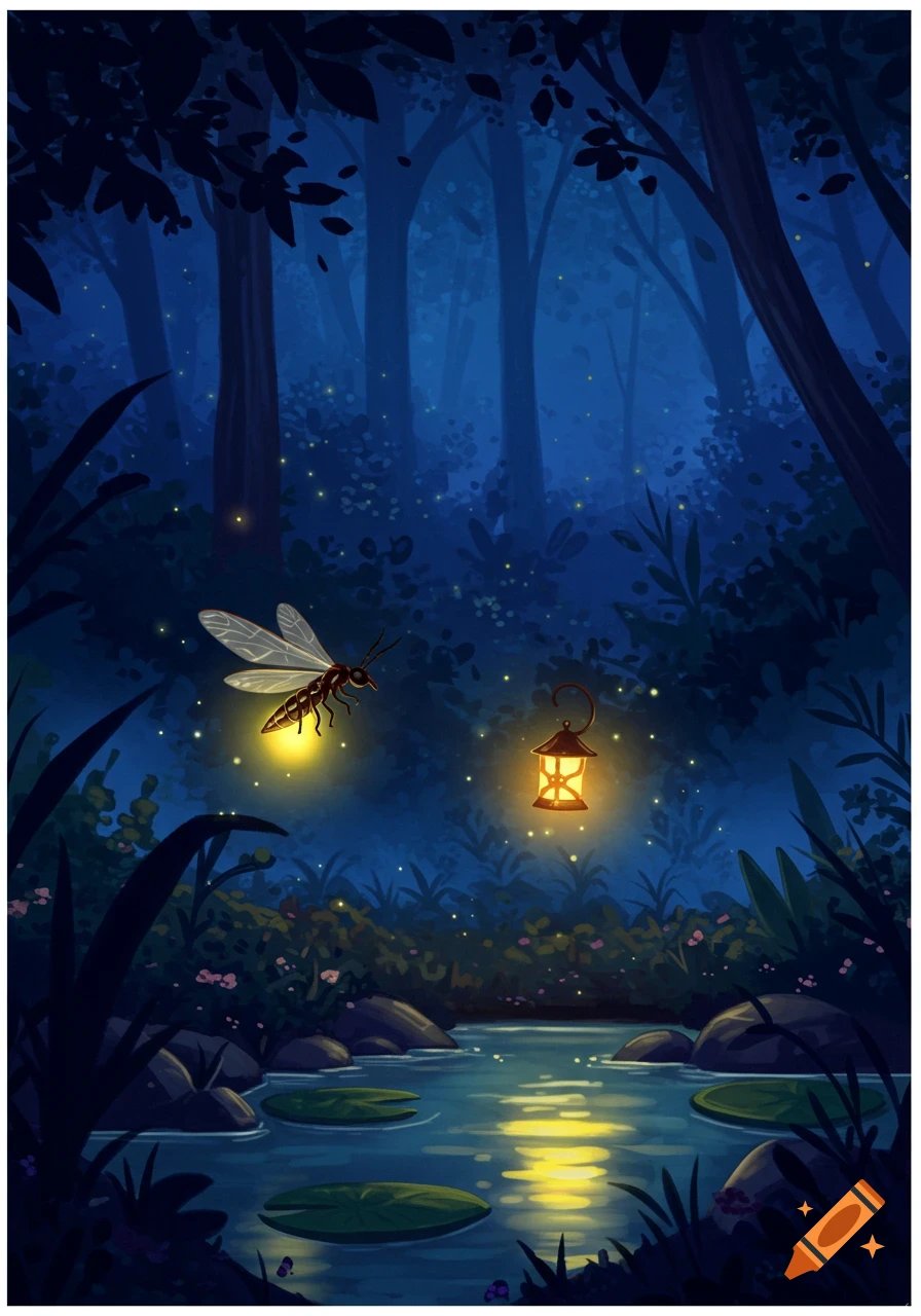 An illustration of a glowing firefly and a lit lantern over a pond with lily pads in a dark, moonlit forest.