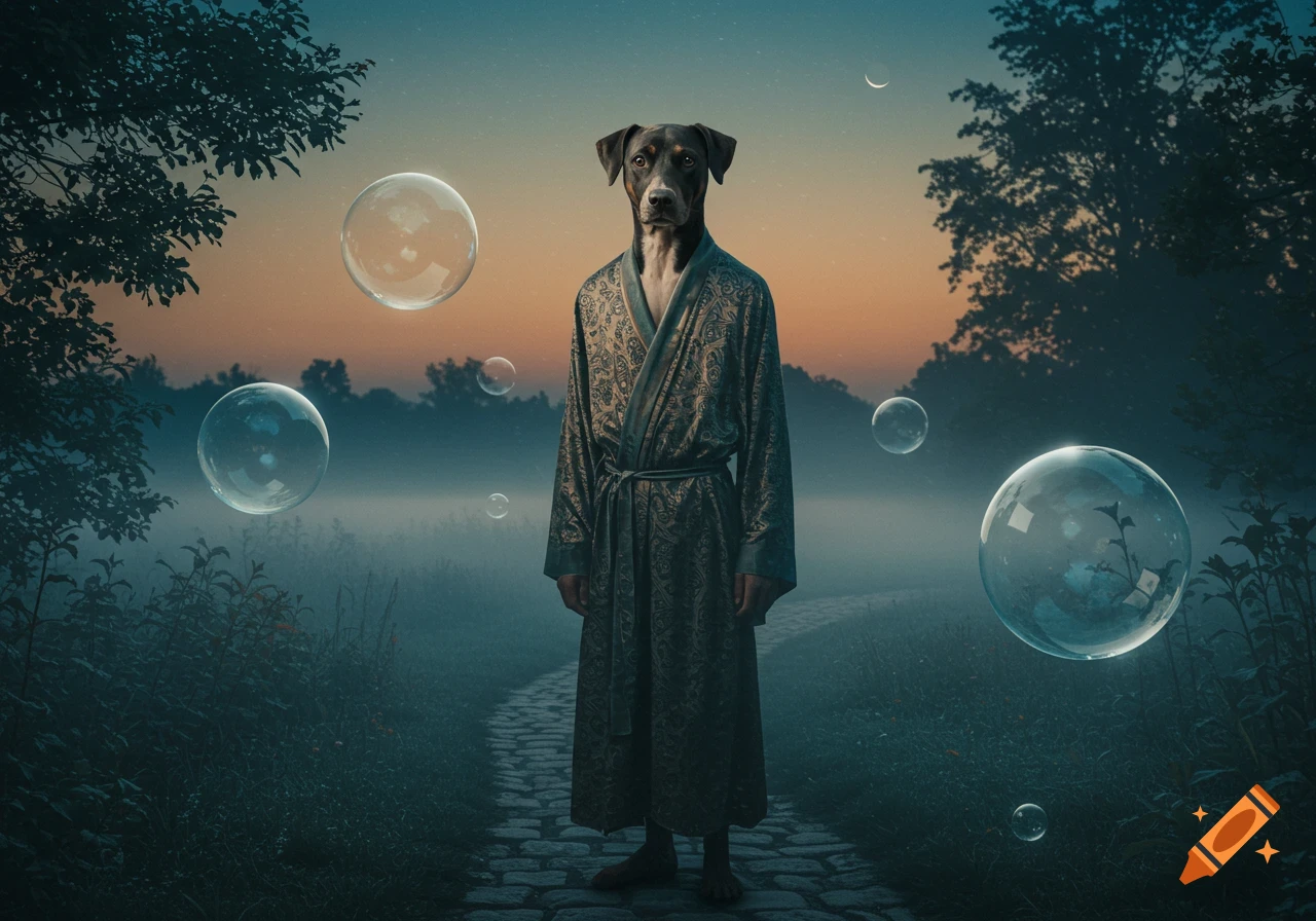 A dog-headed figure in a patterned robe stands on a stone path in a misty, twilight landscape with floating bubbles.