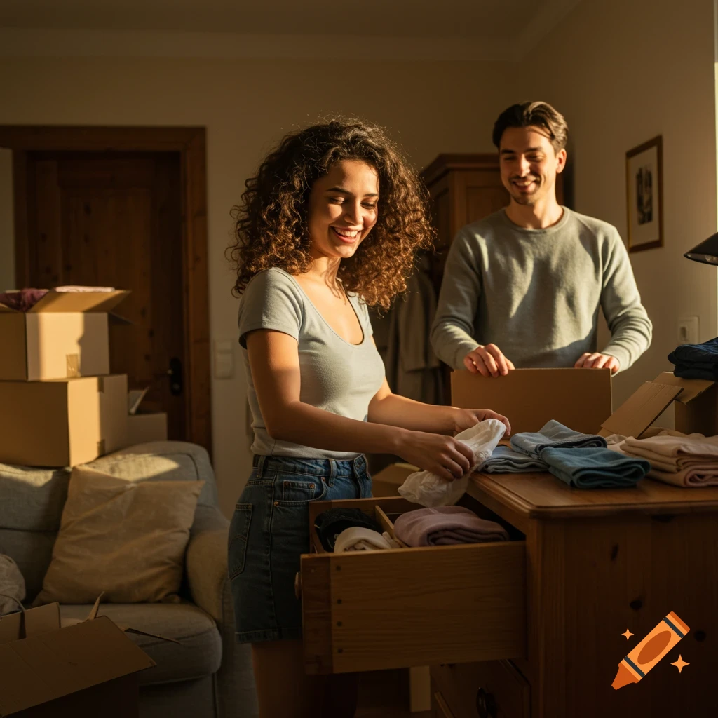 A smiling young woman with curly hair packs clothes into a drawer, a man smiles behind her, surrounded by moving boxes in a sunlit room.
