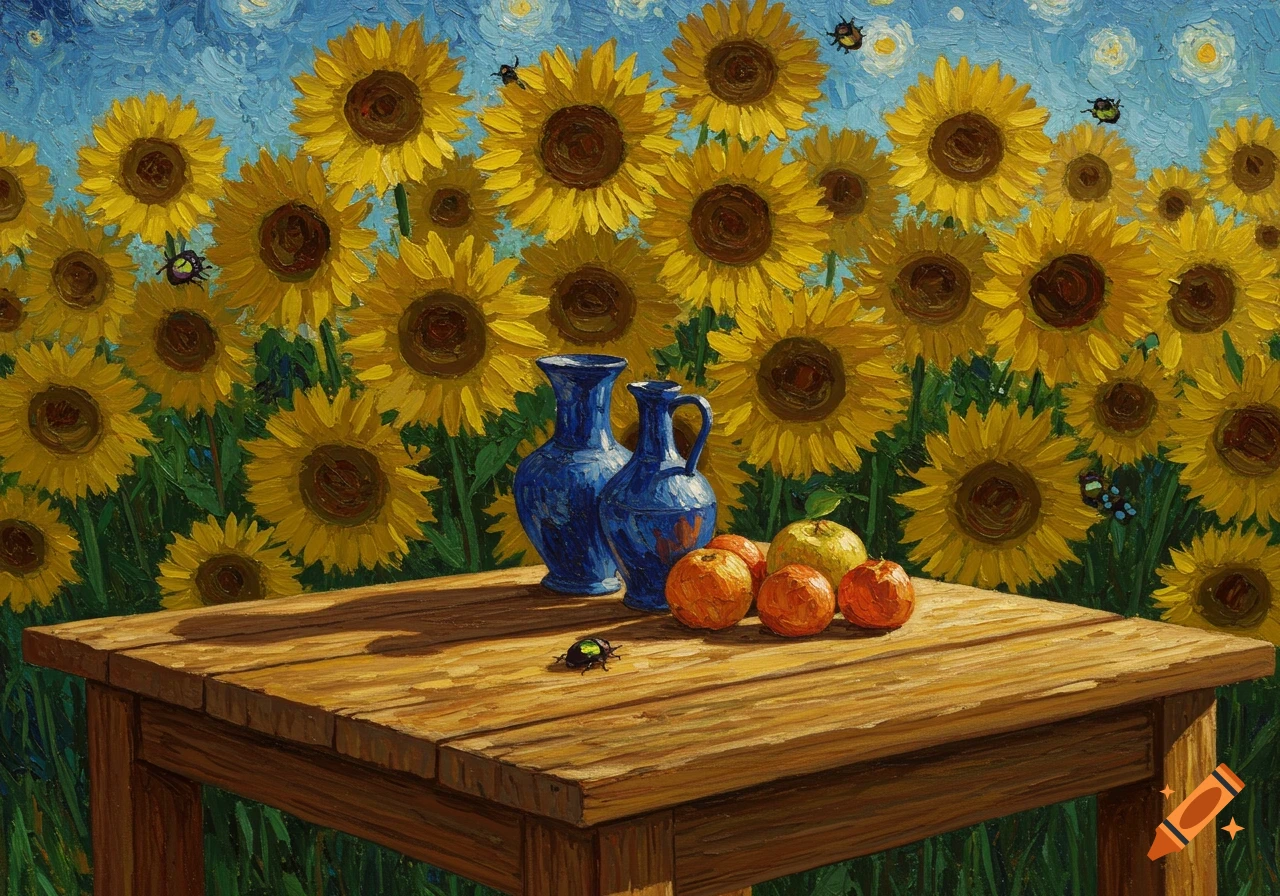 A Van Gogh style painting depicts a wooden table with blue vases and fruit in a field of sunflowers under a starry sky.