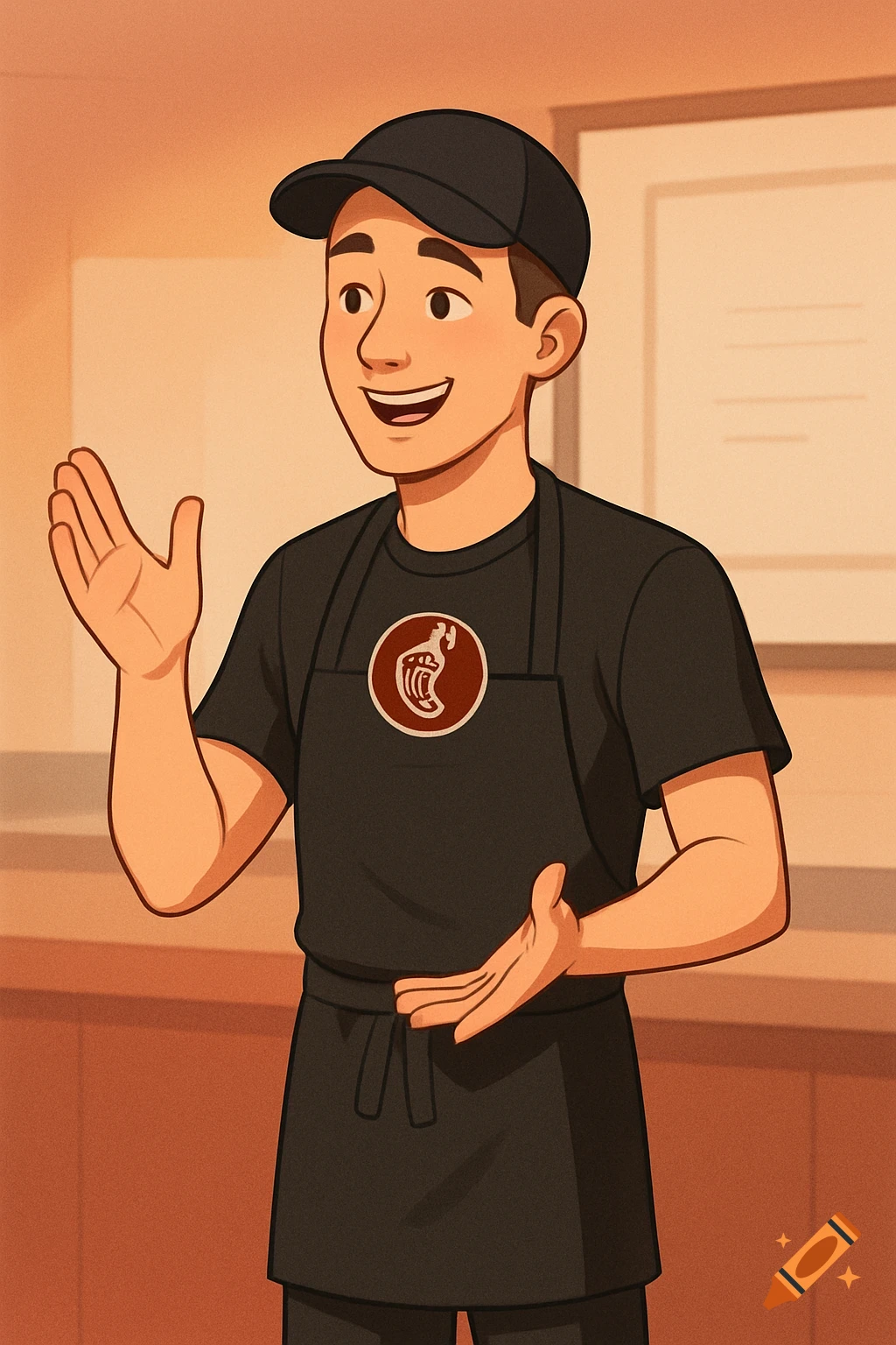 Cartoon illustration of a smiling young man in a black cap, t-shirt with a chili pepper logo, and apron, gesturing with open hands.