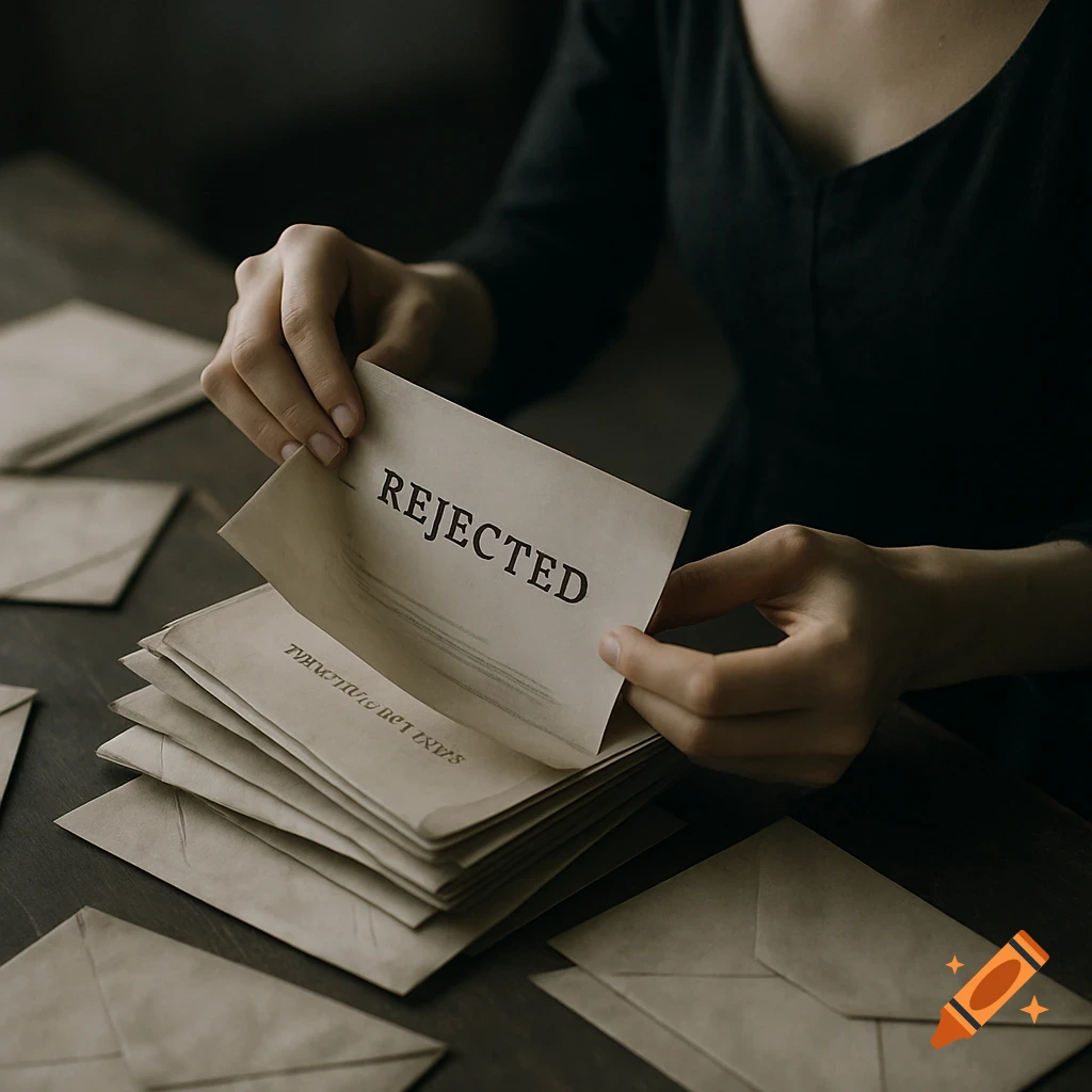 Close-up of a woman's hands holding a letter reading 'REJECTED', with a stack of envelopes on a table.
