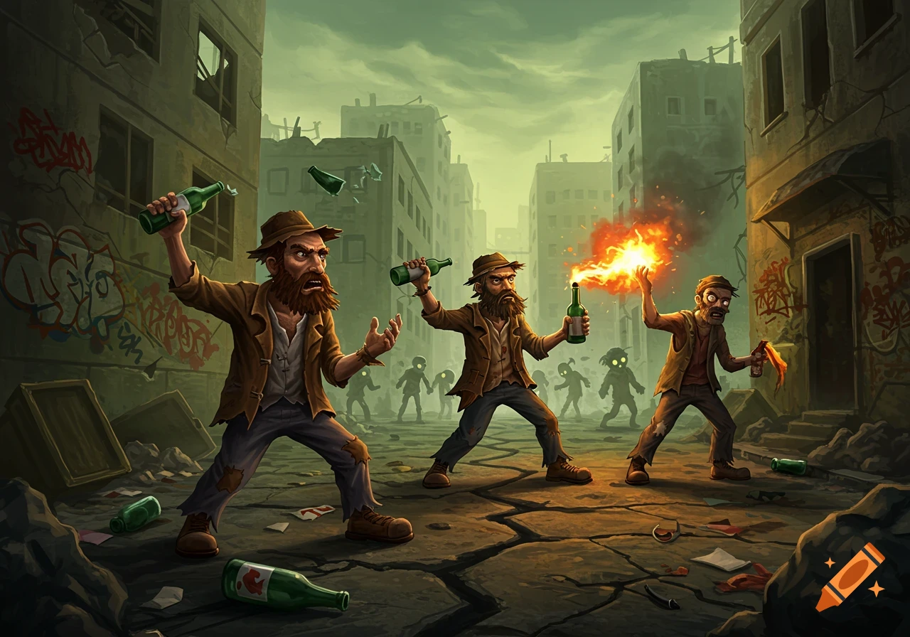 Stylized illustration of three homeless-looking men fighting green zombies in a ruined city street, one throwing a molotov cocktail.