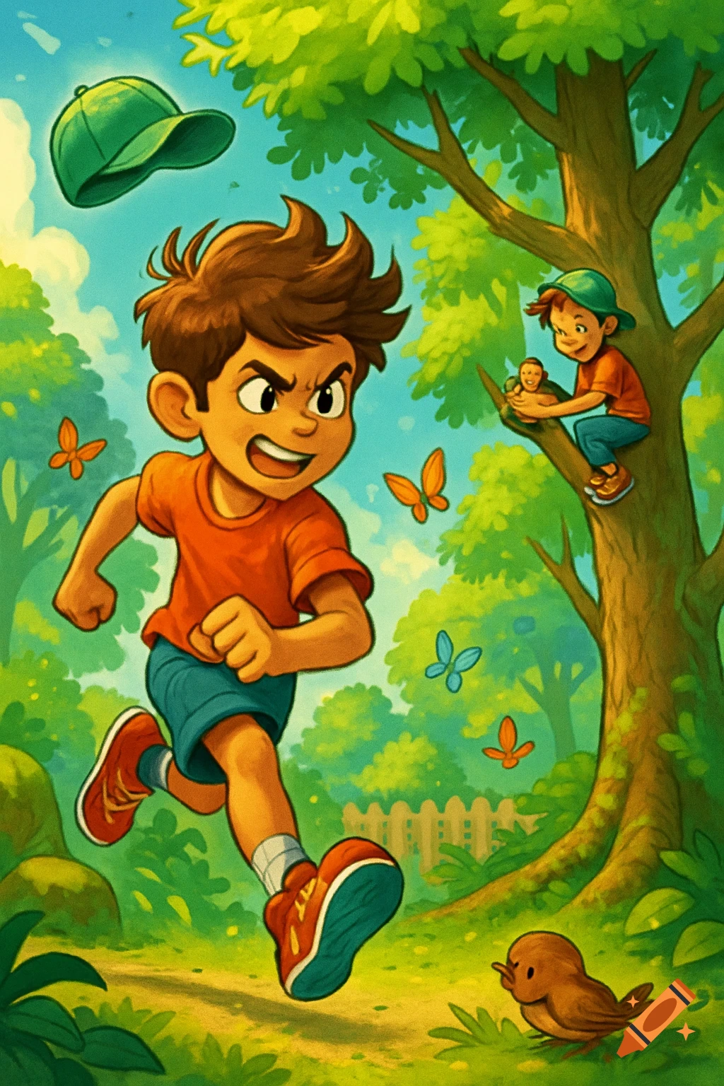 A determined cartoon boy runs through a vibrant forest as his cap flies off, while another boy sits in a tree with a baby bird.