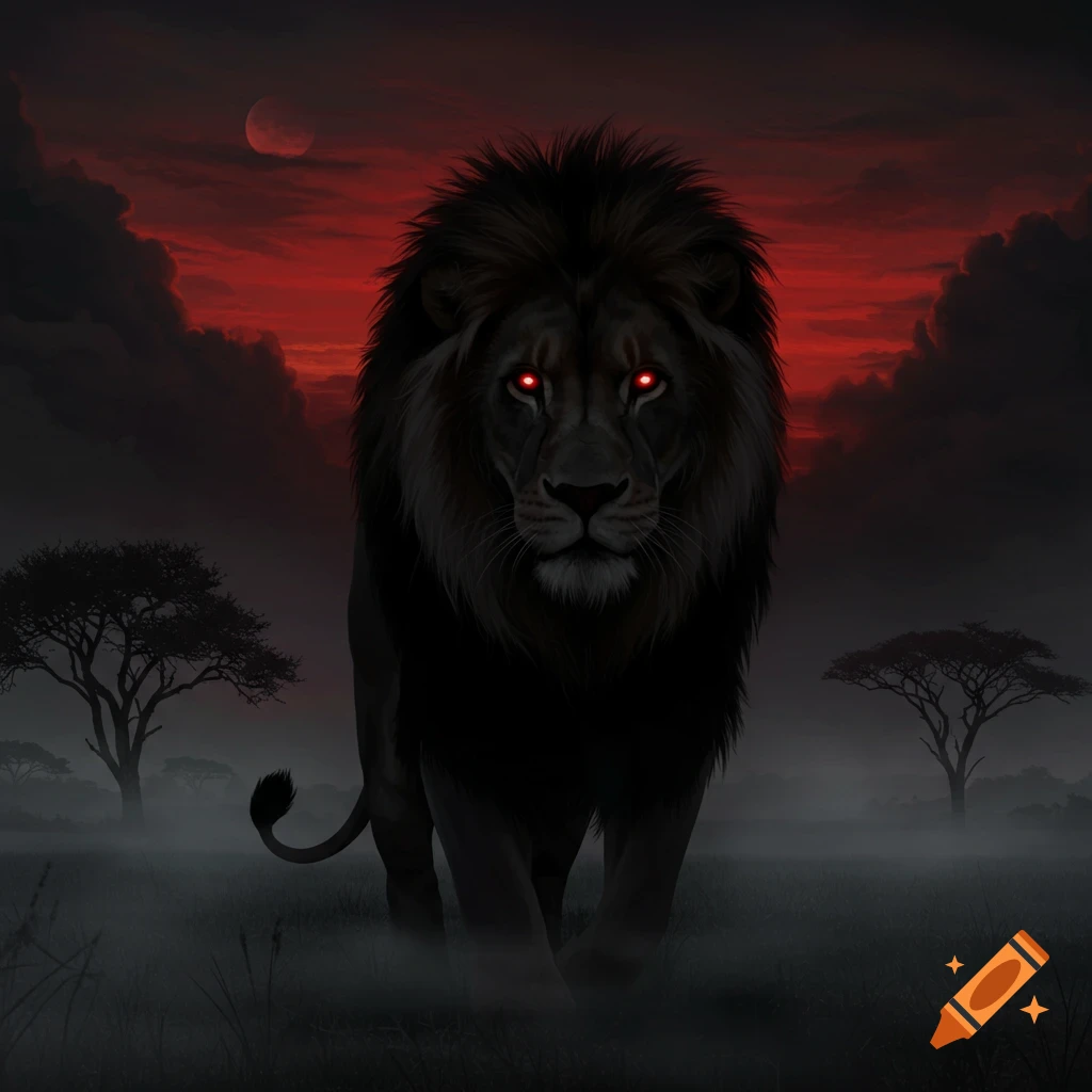 A dark lion with glowing red eyes walks through a misty, desolate landscape under a dramatic red sky with a crescent moon.