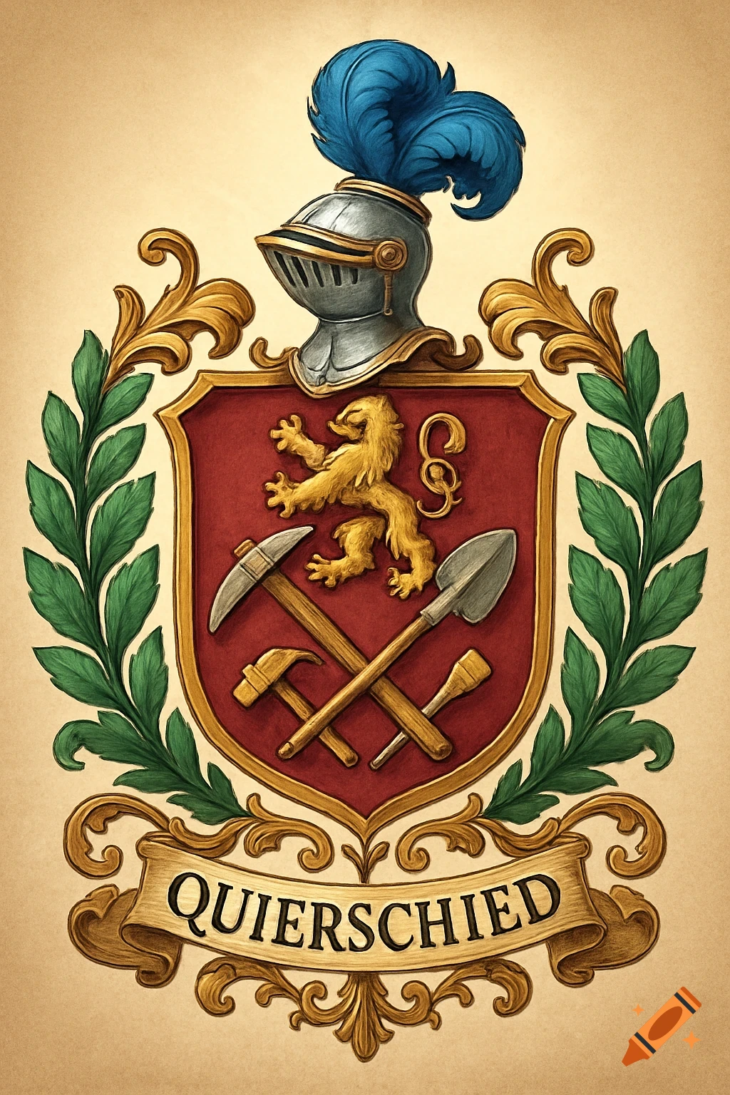 A medieval-style coat of arms featuring a knight's helmet, a golden lion, mining tools, laurel branches, and the name 'QUIERSCHIED' on a banner.