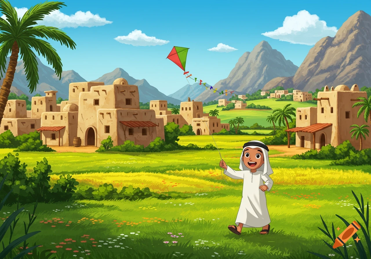 A happy cartoon Emirati boy flies a colorful kite in a vibrant village with green fields and mountains under a blue sky.