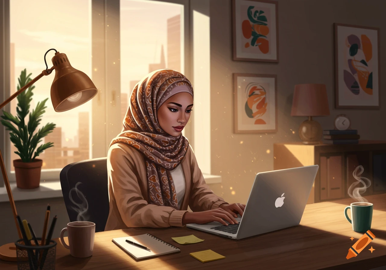 Confident Muslim woman in a hijab works on a laptop at a sunny desk in a modern, artistic office setting, digital art.