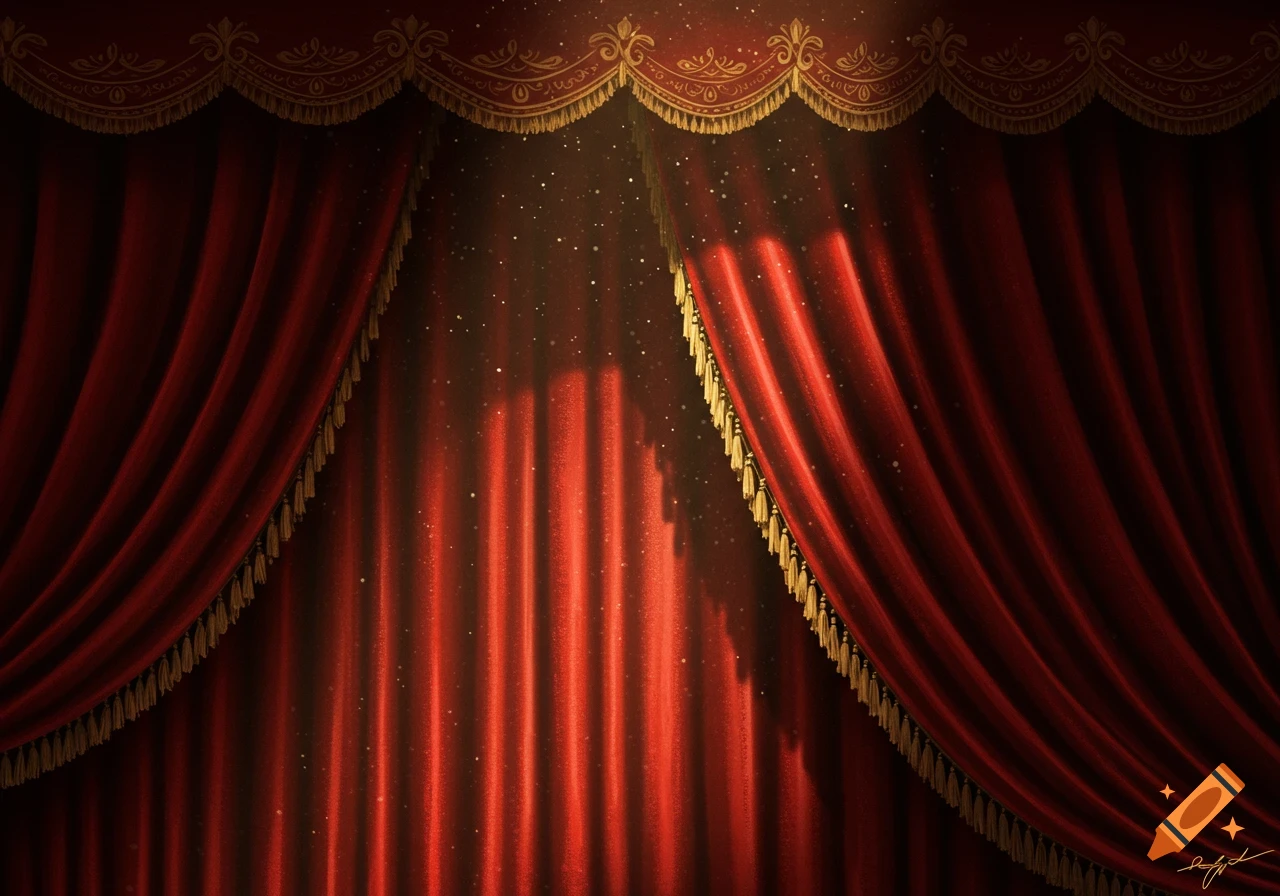 Lush red velvet theater curtains with ornate golden trim, illuminated by sparkling spotlights.