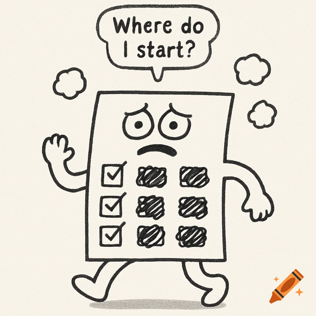A sad, anthropomorphic to-do list character with checked and scribbled boxes, thinking "Where do I start?" in a simple black and white cartoon style.