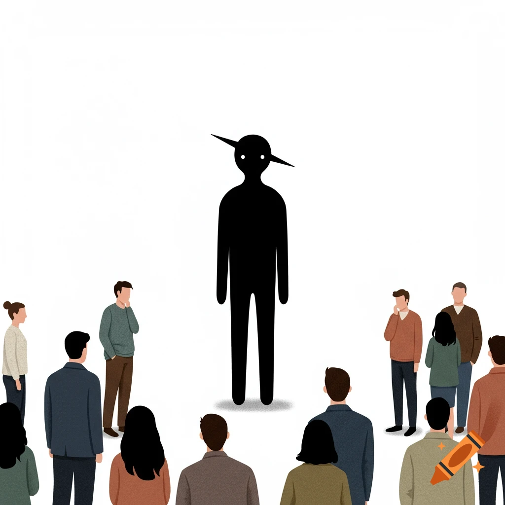 Stylized illustration of a tall, dark figure with glowing eyes surrounded by people with their backs to it.