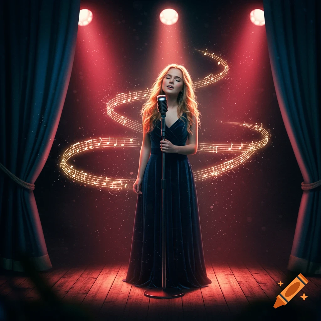 A woman with long blonde hair sings into a vintage microphone on a stage with red spotlights and blue curtains, surrounded by glowing musical notes.