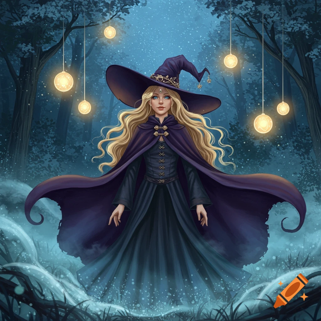 A blond witch in a dark forest, wearing a purple cape and hat, stands amidst glowing orbs and magical mist.