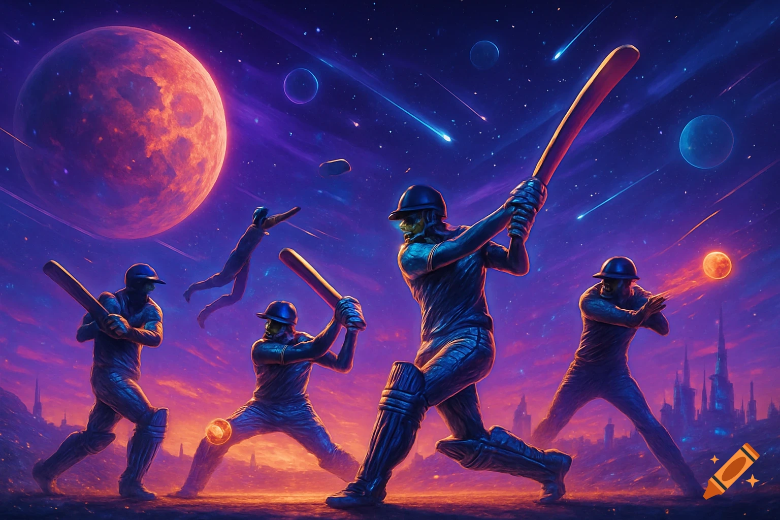 Vibrant fantasy illustration of cricket players in action on a cosmic alien landscape with a large red planet and shooting stars.