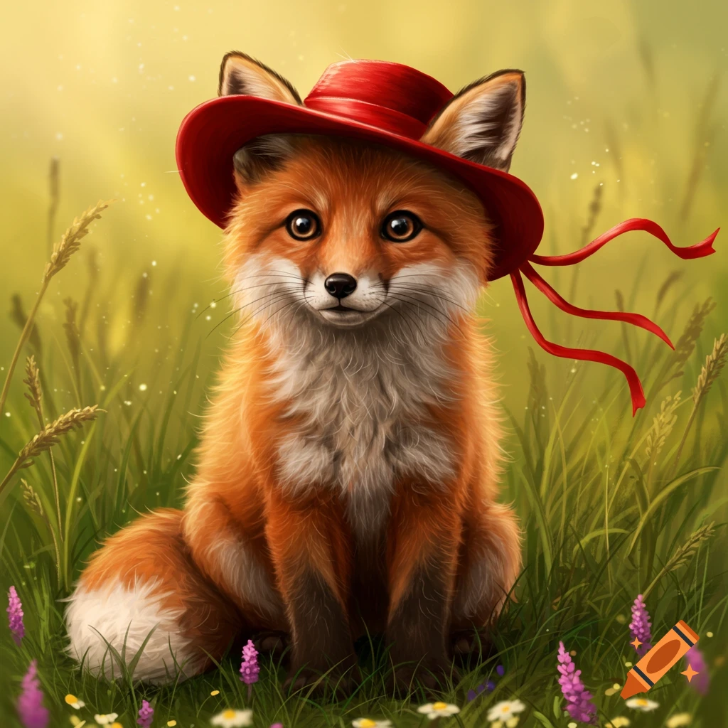 A cute fox wearing a red hat sits in a vibrant grassy field with small purple and white flowers.