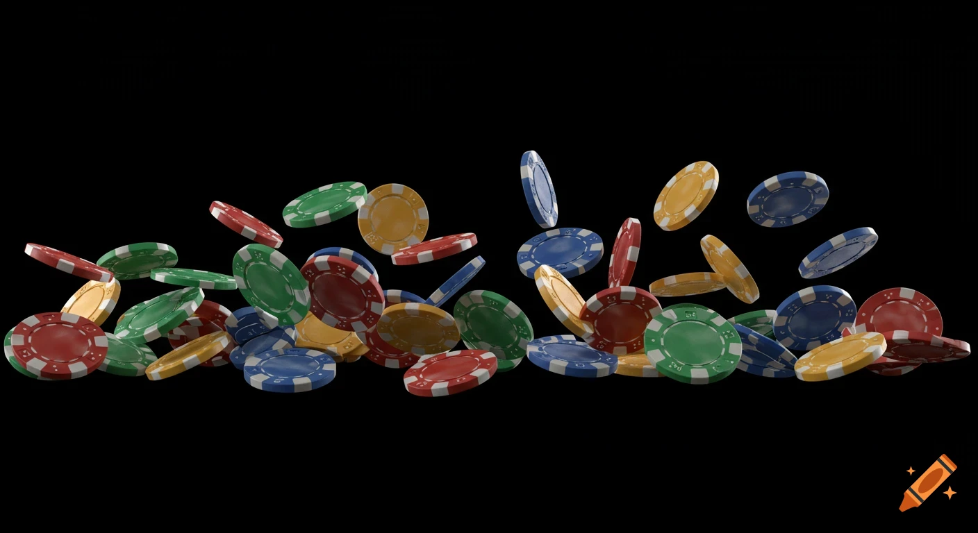 Numerous colorful poker chips in red, green, blue, and yellow falling against a solid black background.