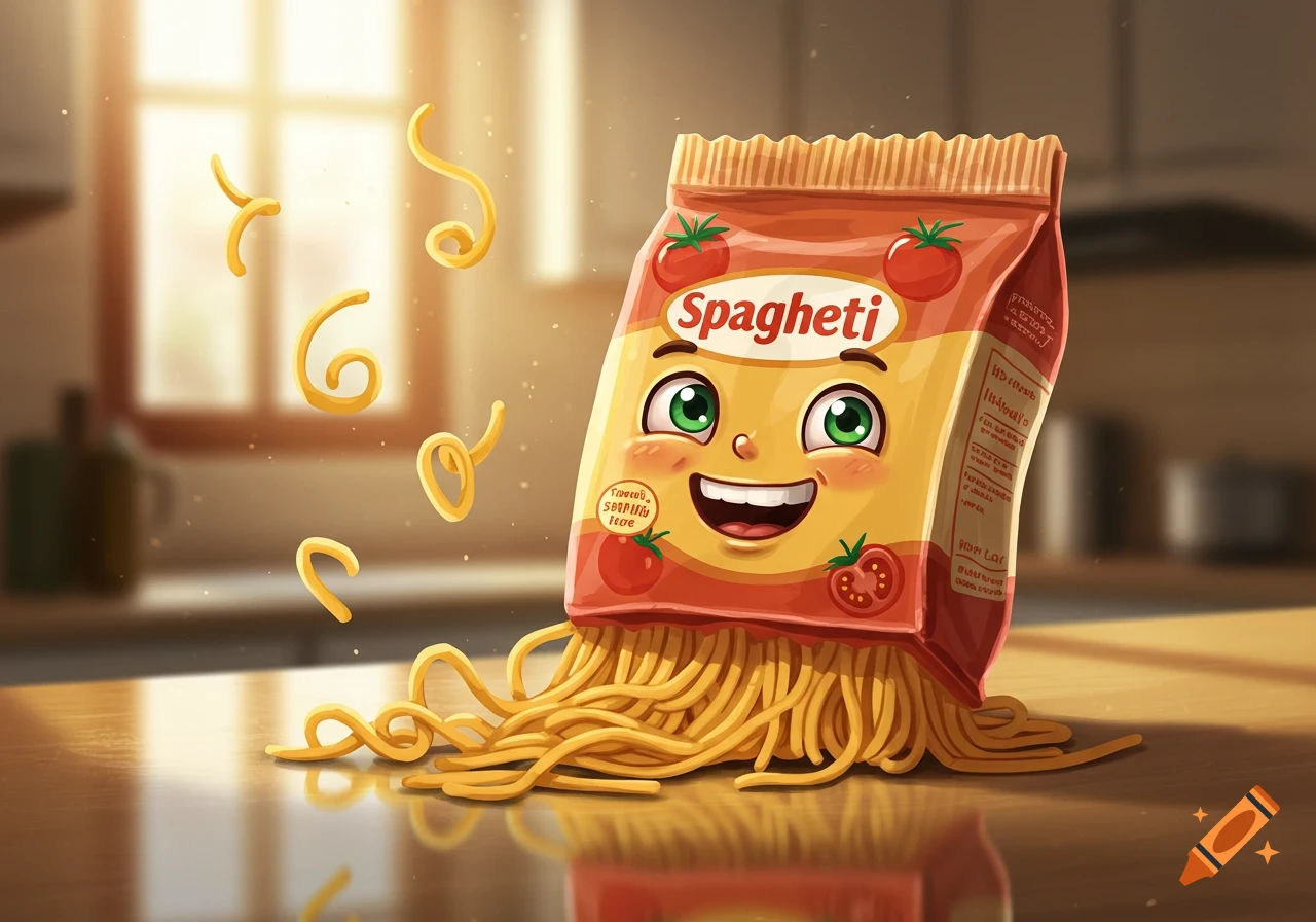 A happy cartoon spaghetti packet with a face spills noodles onto a kitchen counter in warm sunlight.